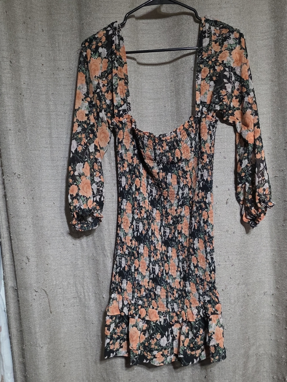 Storia Black with Peach Floral Print Mini Dress With Ruffles